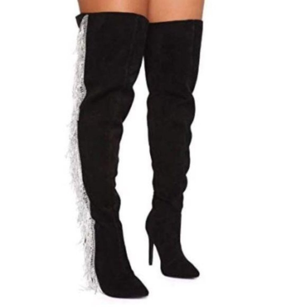 Thigh Hi Boots w/ Rhinestone Fringe in Black - Picture 2 of 10